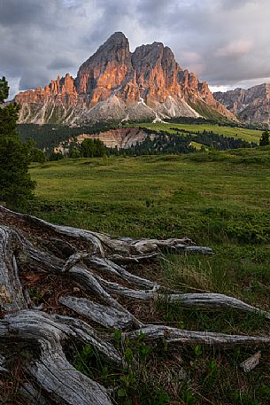 Erbe pass or Wrzjoch and in the background the Sass de Putia peak at sunset, Badia valley, dolomites, South Tyro, italy, Europe